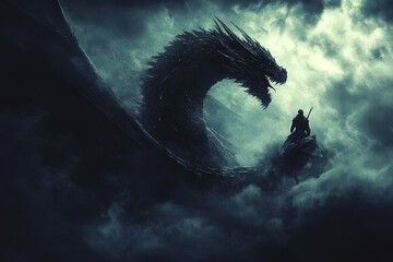 Silhouette of a man riding a dragon through stormy skies