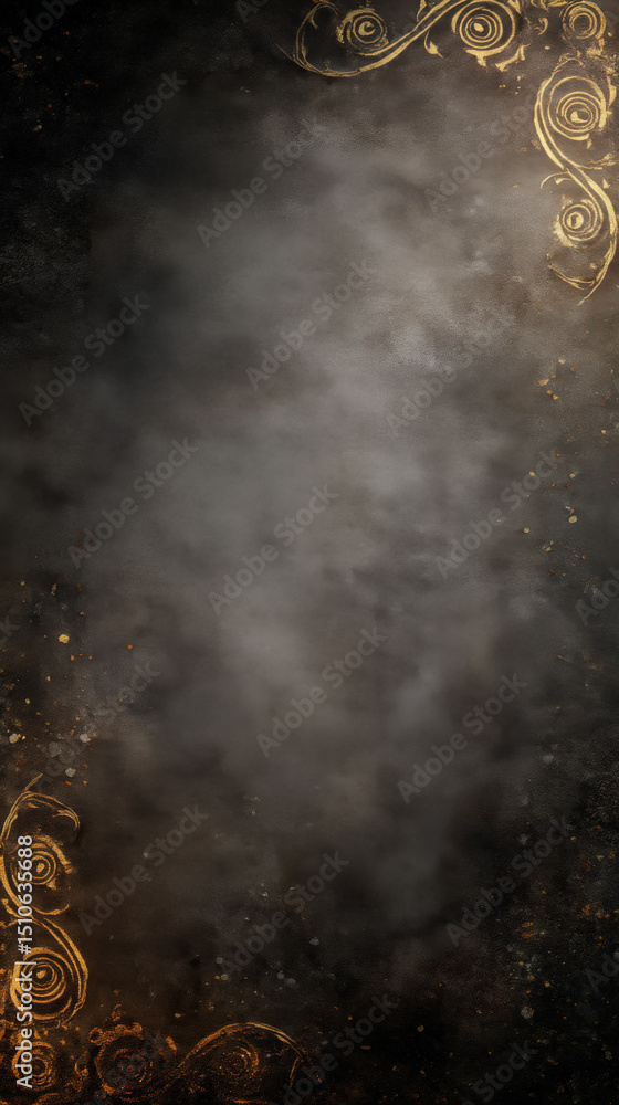 Poster a textured backdrop features a smoky graphite color intertwined with ornate antique gold patterns, c