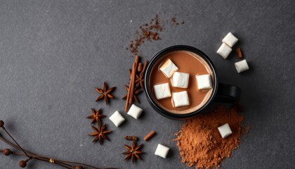 Cozy hot chocolate beverage with marshmallows and aromatic spices