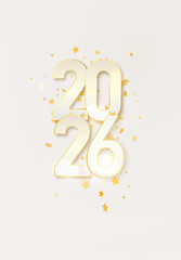 Fototapeta premium 2026 gold metal number for New Year . Festive Christmas banner with falling confetti on bright background. Realistic Golden 3d number. Vector