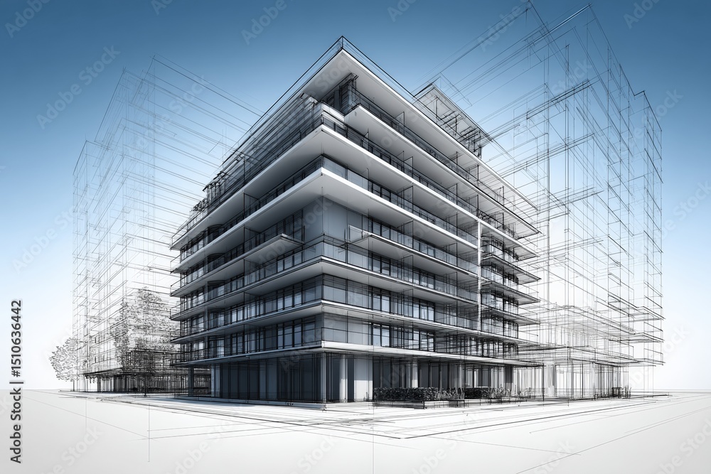 Aufkleber modern architectural drawing of a building with balconies in a clear perspective view for design ins