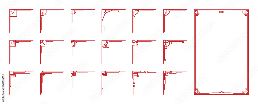 Poster chinese frame corner ornament vector set. decorative elements with line, corner, borders, frames, he