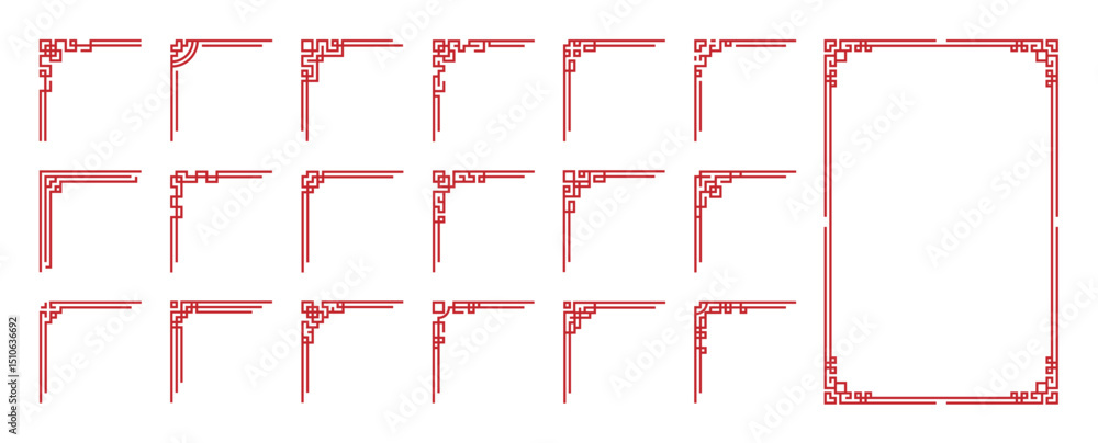 Poster chinese frame corner ornament vector set. decorative elements with line, corner, borders, frames, he