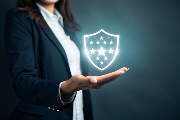 Quality Assurance and Compliance Certification Concept. Businesswoman presents glow shield icon with checkmark and five stars, symbolizing quality assurance, certification, and compliance verification
