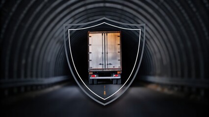 A truck inside a tunnel is framed by a protective shield graphic, symbolizing safety and security in transport.