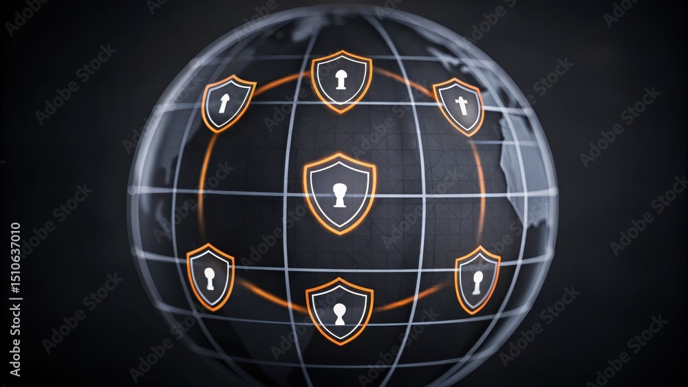 Poster a digital globe with shield and padlock icons symbolizes global cybersecurity and data protection.