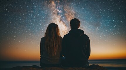 Couple sits back, gazing at night sky full of stars and milky way