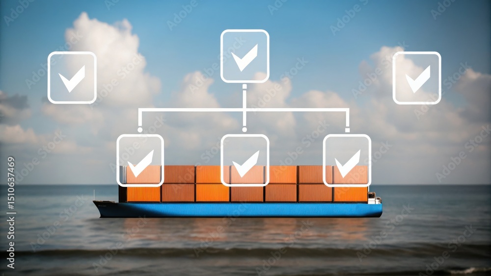Poster a cargo ship carrying containers is shown with digital checkmarks and a flowchart overlay, symbolizi