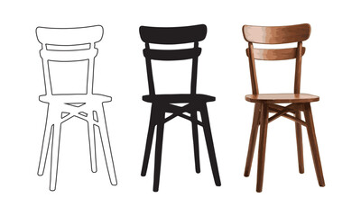 Three illustrations of a wooden chair in different styles on a white background