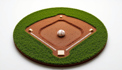 Detailed baseball infield layout with ball on field, showcasing vibrant grass and dirt