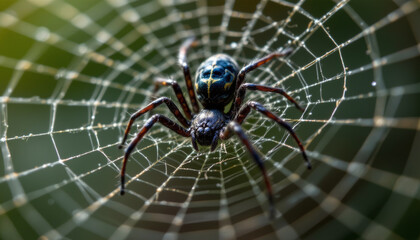 Close up view of spider on its intricate web, showcasing nature beauty and detail