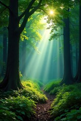 Sunlight streams through a dense canopy in a pristine wilderness forest, illuminating the lush undergrowth and ancient trees The air is still and peaceful, a haven of untouched nature , leaves, ferns