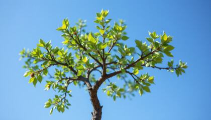 Fototapeta premium Vibrant sapling tree with fresh green leaves against clear blue sky