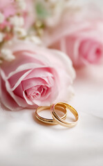 wedding rings and pink roses