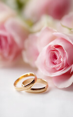 wedding rings and pink roses