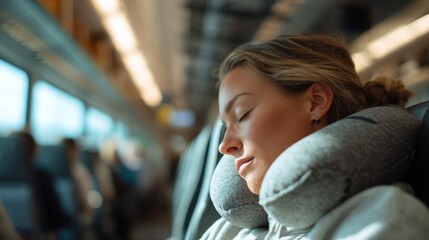 Peaceful train journey relaxation with young woman sleeping on seat with neck pillow