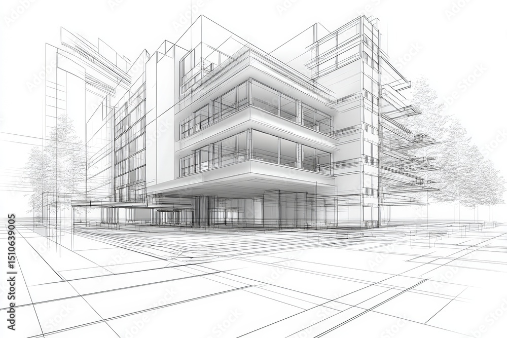 Aufkleber architectural drawing of a modern building with detailed lines and structures, featuring clean desig