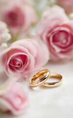 wedding rings and pink roses