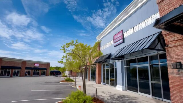 Row of commercial retail spaces with awnings and glass windows in a brick building under a bright blue sky with sparse clouds, trees.