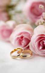wedding rings and pink roses