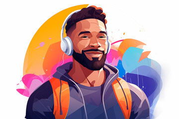 Illustration of African American man listening to music with wireless headphones on a colorful background. Image created with AI