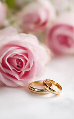 wedding rings and pink roses