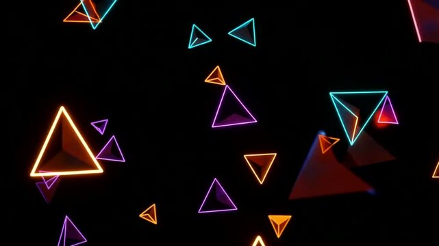 Electric geometry Floating neon triangles in dark space a digital dance of form  color