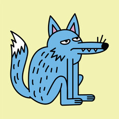 Funny Blue Cartoon Wolf Illustration on Pale Yellow Background – Stylized Animal Character with Sarcastic Face, Hand-Drawn Look, Perfect for Stickers, Children's Books, or Graphic Projects
