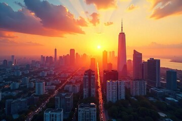 Fototapeta premium A vibrant city skyline bathed in the golden light of a summer sunset, high-rise buildings reaching towards a clear sky, reflecting the warm hues , orange sky, clouds