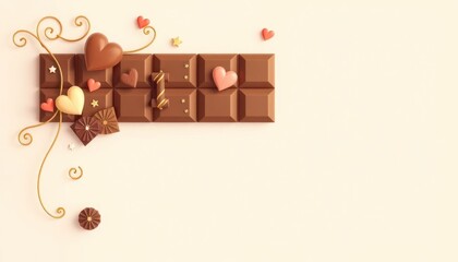 Whimsical Chocolate Bar with Hearts and Golden Accents Illustration