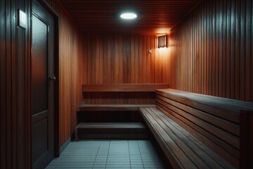 An intimate, dimly lit bathroom with privacy stalls made of wood and bathed in ambient light. The wood paneling provides a warm and natural feel to the space.