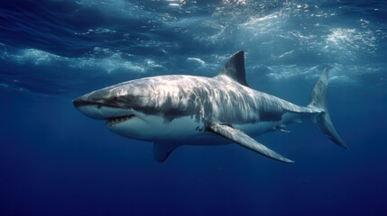 Naklejka premium Great white shark swimming in blue ocean water