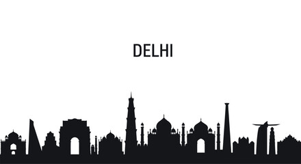 Obraz premium Delhi skyline silhouette with iconic monuments and airplane in black and white