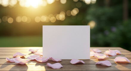 Obraz premium Blank Card with Pink Rose Petals on Wooden Table in Sunlight