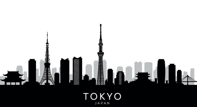 Tokyo city skyline silhouette with iconic towers and buildings