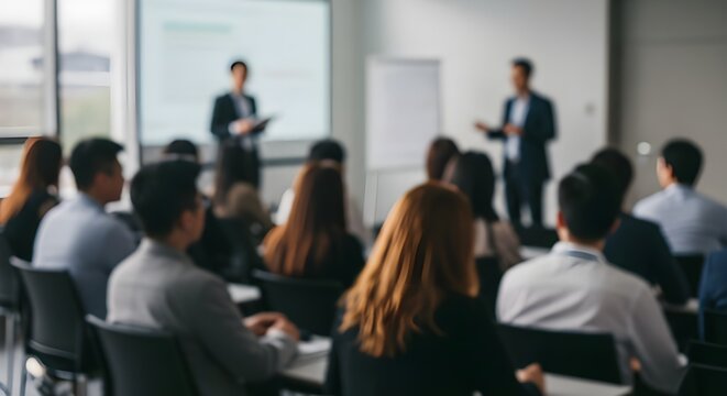 Presentador en el escenario de una conferencia. Charla profesional. Presentador y p&uacute;blico borrosos, desenfocados e inidentificables. Gerente ejecutivo corporativo. Asistentes.