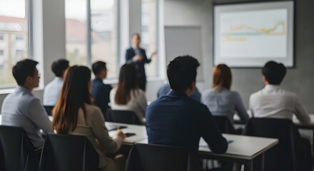 Presentador en el escenario de una conferencia. Charla profesional. Presentador y público borrosos, desenfocados e inidentificables. Gerente ejecutivo corporativo. Asistentes.