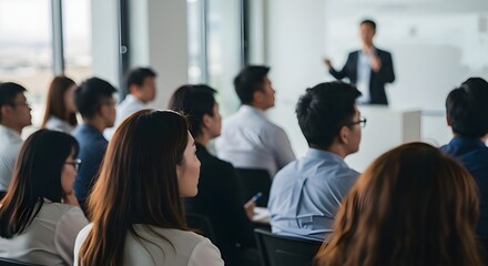 Obraz premium Presentador en el escenario de una conferencia. Charla profesional. Presentador y público borrosos, desenfocados e inidentificables. Gerente ejecutivo corporativo. Asistentes.