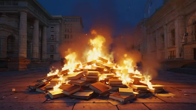 Pile of Books Burning in a Bonfire in a Public Square at Night Between Buildings