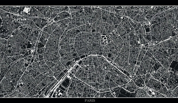 Intricate black and white map of paris city street layout