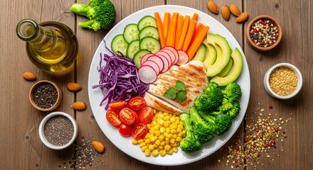 Colorful healthy meal with grilled chicken, fresh vegetables, avocado, and grains on a white plate over a rustic wooden table, perfect for diet, nutrition, and clean eating concepts.