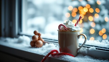 Festive cozy hot chocolate drink with winter scene and holiday lights background