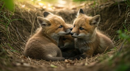 Two Red Fox Kits Huddle Together in Their Burrow