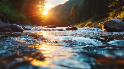 A mountain river flowing gently, reflecting the golden sunlight of late afternoon