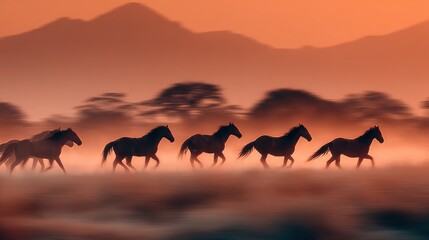 Majestic herd of horses galloping gracefully in unison across a serene landscape at sunrise, their dark silhouettes contrasting beautifully against the warm orange and red hues of the sky. The flowing