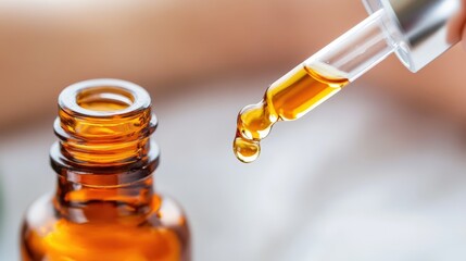 A luxurious skincare oil dripping from a glass dropper, ready to be massaged into the skin