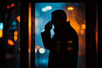 Silhouette of a man standing in a phone booth
