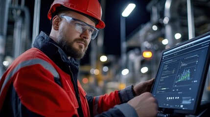 A power plant worker monitoring energy output on a digital dashboard, ensuring optimal efficiency