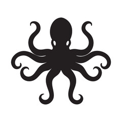 Black silhouette of an octopus with eight swirling arms on white background