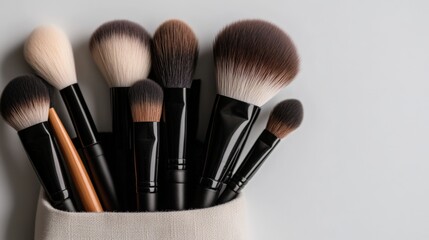 A makeup brush set elegantly displayed in a soft velvet pouch